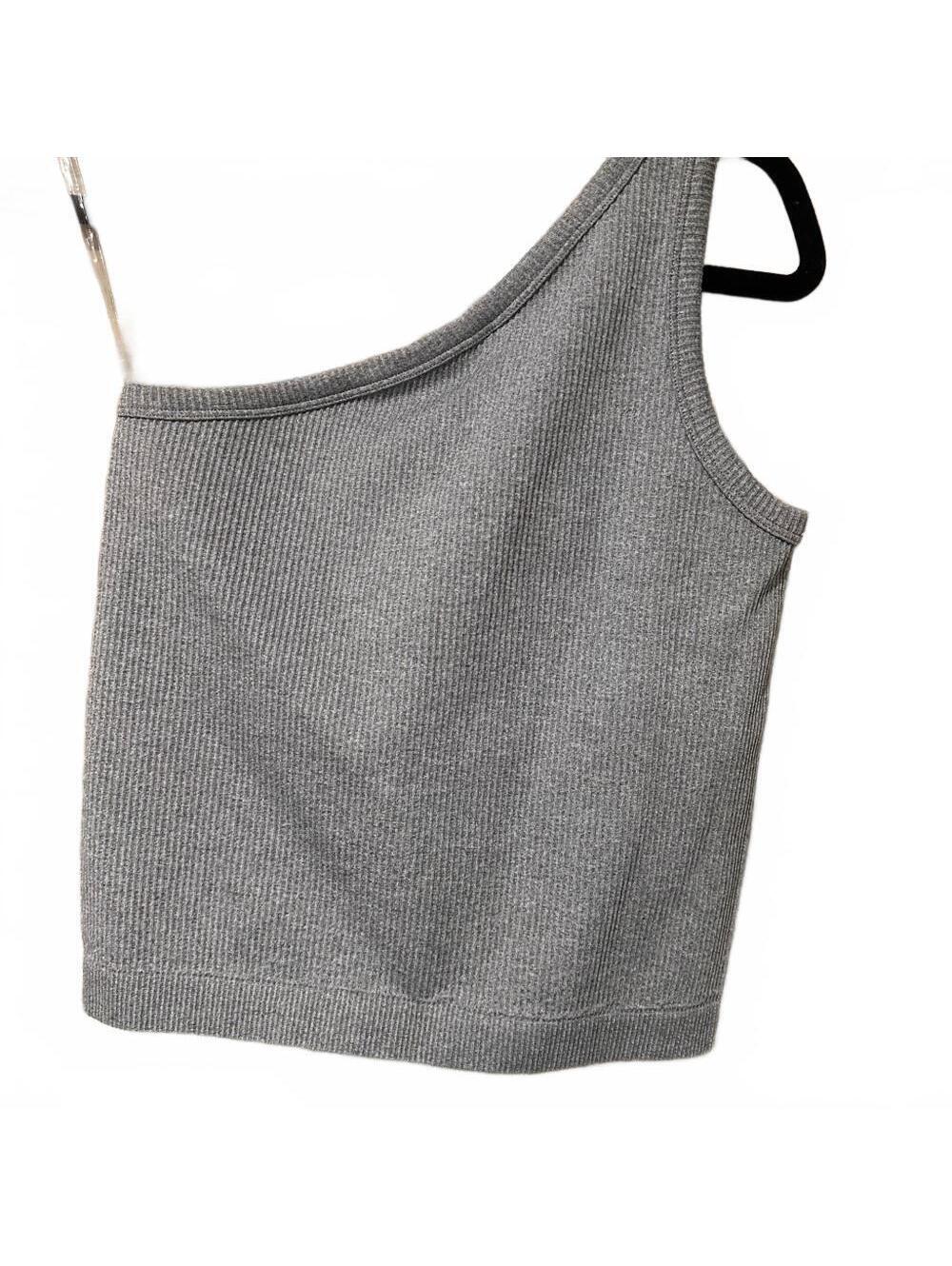 Asymmetrical One-Shoulder Ribbed Tank Top - Gray - Picture 2 of 3
